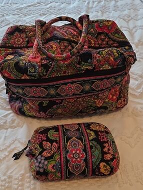 Vera Bradley Black Quilted Travel Bag with Matching Floral Pouch